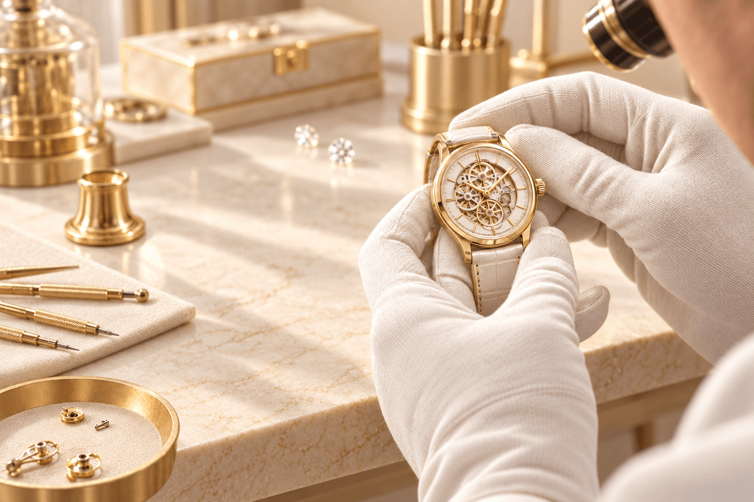 Watchmaker in white gloves inspecting a gold mechanical timepiece